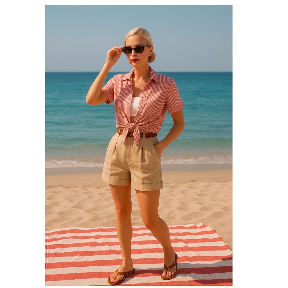 Artisan NY Red White Stripe Linen Short Sleeve Shirt Top‎ Oversized Beachy boho